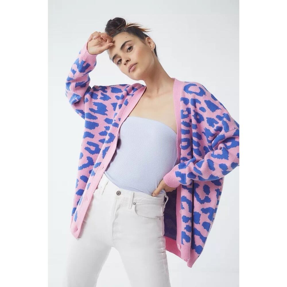Lazy Oaf Pink and Blue Leopard Print Over-sized Cardigan Small / Medium